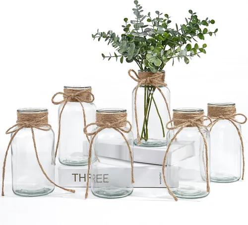 Vista 10 de Jarrones de vidrio vintage para flores, juego de 3 jarrones transparentes para centro de mesa de boda estilo granja, botella cilíndrica