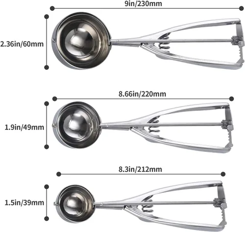 Vista 4 de Juego de 3 cucharas de helado con gatillo de acero inoxidable 18/8, cucharas de galletas para hornear albóndigas, cuchara de melón para frutas