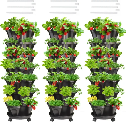 Vista 34 de Macetas verticales de fresa, paquete de 2 unidades, torre apilable de 5 niveles con poste de soporte, macetas apilables para hierbas y verduras