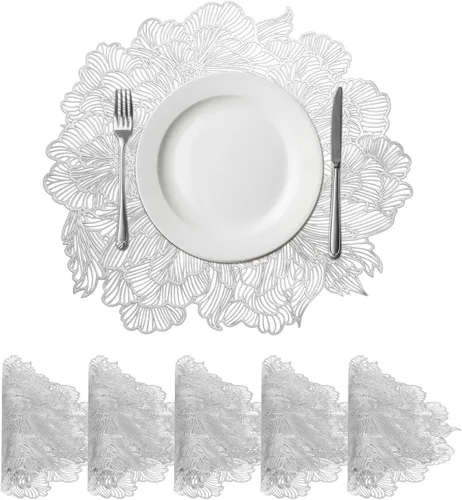 Vista 7 de uxcell Juego de 4 manteles individuales redondos dorados y florales para mesas de cena, manteles individuales metálicos de polivinilo prensado