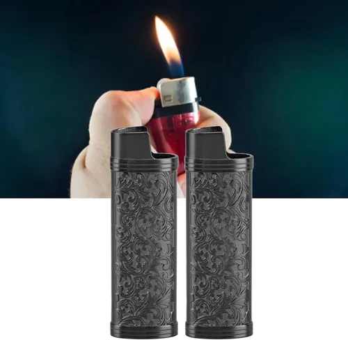 Vista 9 de Funda para encendedor de 2 piezas, estilo vintage, reutilizable, resistente aleación de zinc, estampado floral para protección de tamaño completo