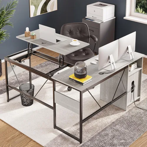 Vista 7 de Bestier Escritorio versátil de pie en forma de L de 60 pulgadas, escritorio Blanco desteñido