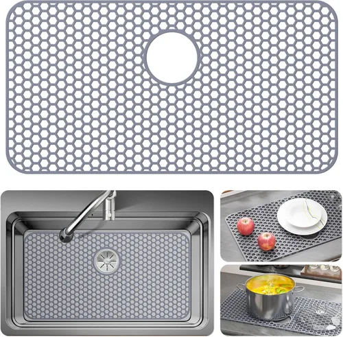 Vista 11 de Bestjing Paquete de 2 protectores de silicona para fregadero de cocina, accesorio de rejilla de cocina de 12 x 11 pulgadas, tapete antideslizante