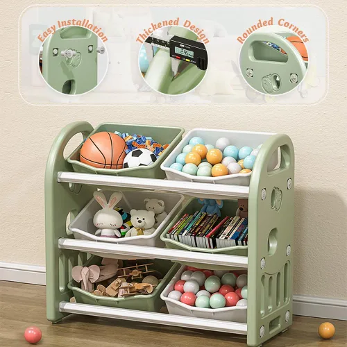 Vista 4 de Organizador de almacenamiento de juguetes para niños, estantes de 3 niveles, organizador de almacenamiento multifuncional para niños con 6 Verde
