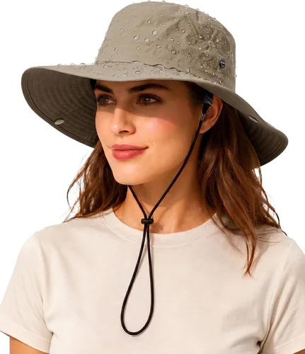 Vista 17 de Sombrero de lluvia impermeable de ala ancha para mujeres y hombres UPF50+ Beige