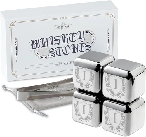 Vista 15 de Juego de regalos de piedras de whisky con inicial para hombres y mujeres, 4 piezas de rocas de whisky de acero inoxidable con bolsa y pinzas, cubos