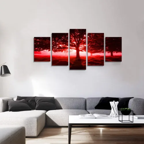 Vista 4 de Ephany Arte moderno de pared de árbol rojo, impresión en lienzo de paisaje, 80 x 40 pulgadas (5 piezas) para decoración de sala de estar