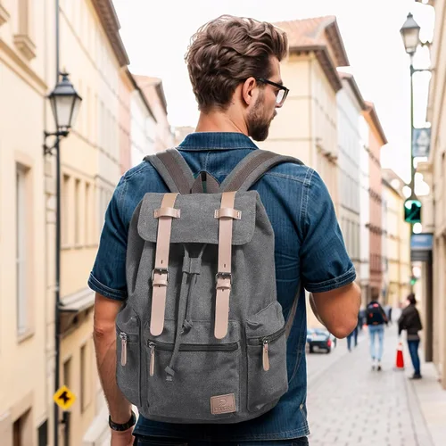 Vista 7 de DTGN Mochila de lona vintage para hombres y mujeres, mochila casual duradera con acento de cuero, se adapta a la universidad, trabajo, viajes y al