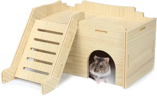 Vista 6 de Hámster de doble piso, cabaña de hámster de madera, escondite de hámsters sirios con panel acrílico para una observación clara, casa de ratón