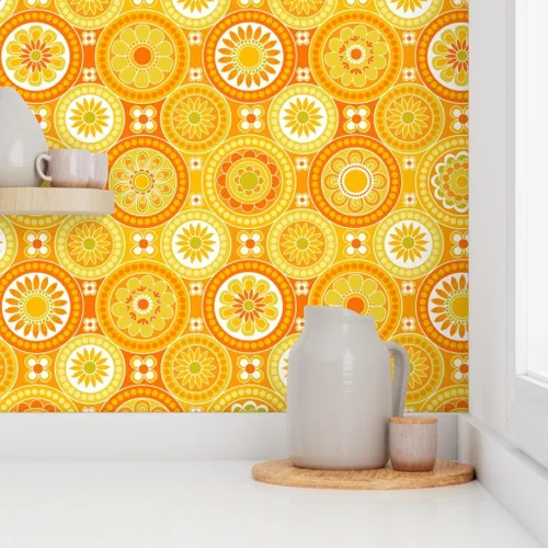 Vista 8 de Papel tapiz para despegar y pegar, azulejos circulares, flores amarillas, retro, naranja, geométrico, de los años 70, 60, vintage, extraíble, por