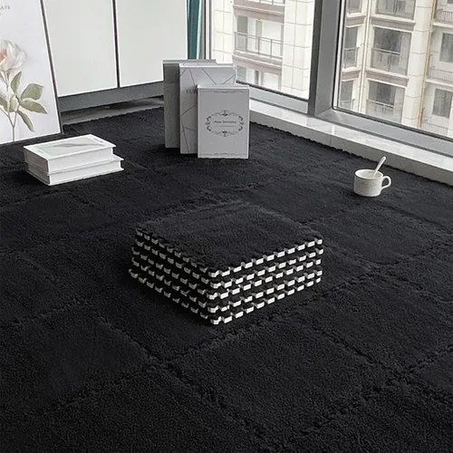 Vista 4 de 12 piezas de baldosas de alfombra de espuma entrelazadas para niños con borde, cuadrados gruesos de alfombra de felpa, tapetes de juego para el Negro