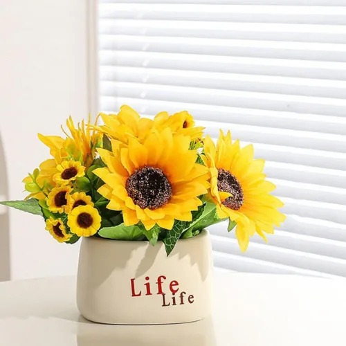 Vista 9 de HOMSFOU Planta simulada de girasol en maceta, 2 piezas, decoración de bonsái artificial para interiores para sala de estar, centro de mesa