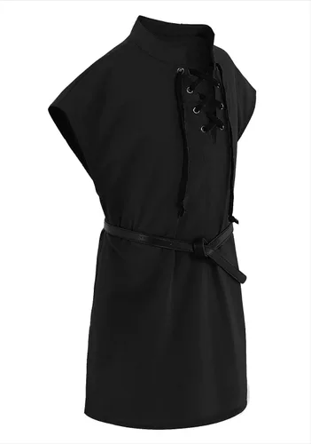 Vista 2 de Camisetas de pirata renacentista para niños, estilo vikingo, medieval, sin mangas, con cordones, de algodón escocés