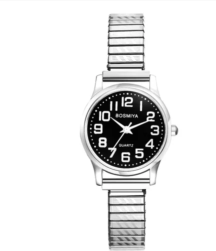Vista 22 de JewelryWe Reloj de lectura fácil ultrafino para mujer con correa elástica de tono dorado/plateado