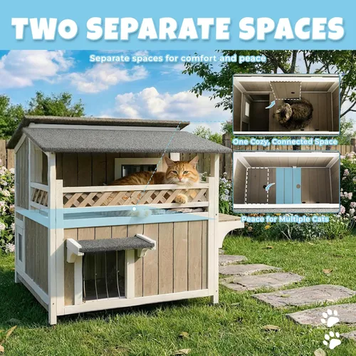 Vista 2 de Casa de madera para gatos para exteriores e interiores, resistente a la intemperie, refugio para gatos de dos pisos, hogar cerrado para gatos
