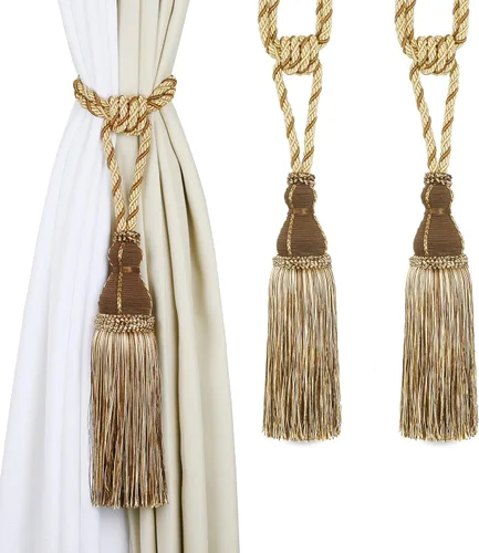 Vista 6 de BEL AVENIR Paquete de 2 alzapaños de cortina con borlas, grandes hechos a mano, cuerda para el hogar, oficina, hotel, elegante decorativo (beige)
