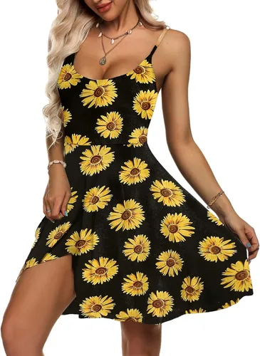 Vista 4 de ACEVOG Vestido de verano para mujer floral sin mangas ajustable con tirantes delgados cuello en V salida de baño acampanado debajo de la rodilla