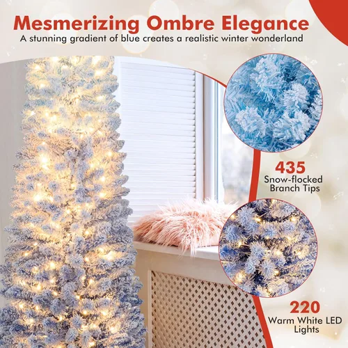 Vista 3 de GOFLAME - Árbol de Navidad artificial de 6 pies con luces LED blancas cálidas preiluminadas, árbol de Navidad con flecos de nieve, 435 puntas