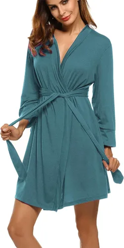 Vista 20 de HOTOUCH - Bata ligera de punto corta para mujer, bata de baño suave con bolsillos, ropa de dormir para damas
