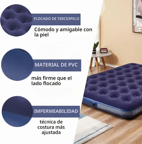 Vista 2 de Colchón inflable de tamaño matrimonial con bomba y almohadas, colchón inflable para camping y hogar