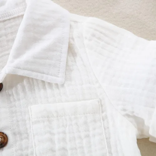 Vista 3 de Conjunto de ropa para bebés y niños pequeños, camisa con botones + pantalones cortos de gasa de algodón, traje de verano, 2 piezas con bolsillos