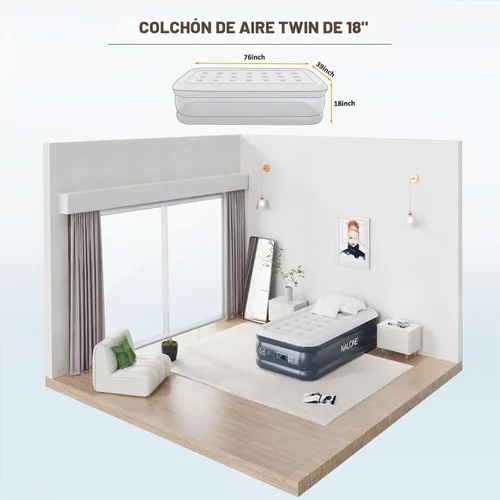 Vista 7 de nalone Colchón de aire tamaño individual con bomba integrada, colchón inflable, cama de aire portátil de elevación de 18 pulgadas, colchones