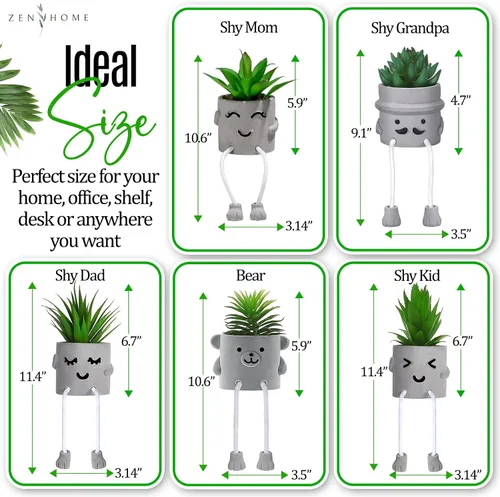 Vista 5 de Zen Home Lindas plantas falsas para estante - Mini plantas suculentas - Pequeñas plantas artificiales para decoración de estantes - Plantas de Oso