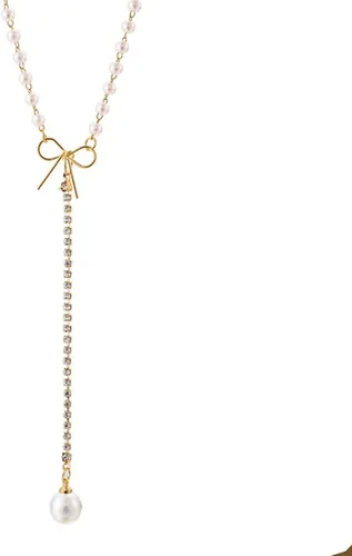 Vista 3 de Collares para mujer, collar de perlas de oro rosa, collar de perlas de moda simple lazo clavícula colgante collares y colgantes (oro, talla única)