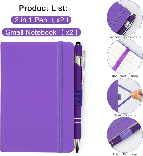 Vista 3 de Paquete de 2 cuadernos de bolsillo rayados con bolígrafo, cuaderno de tapa dura A6, mini bloc de notas de 3.7 x 5.5 pulgadas, papel grueso de 3.53