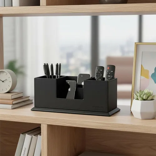 Vista 5 de UnionBasic - Organizador de escritorio de cuero sintético con 4 compartimentos, para tarjetas, bolígrafos, lápices, teléfonos celulares, suministros