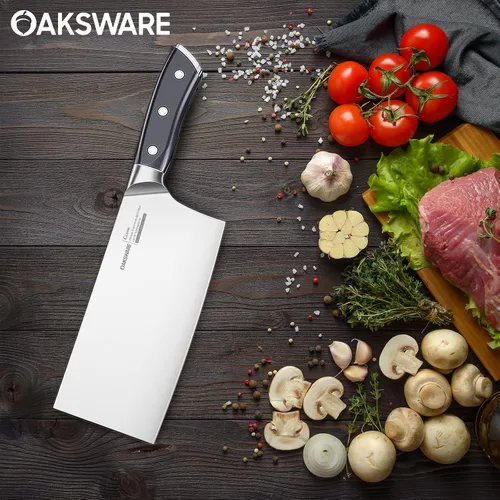 Vista 5 de OAKSWARE Cuchillo de carnicero chino de 7 pulgadas, cuchillo de cortar chino, acero alemán y mango ergonómico de ABS, cuchillo afilado para cortar