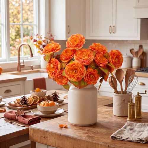 Vista 4 de Thiccywoov 8 Bundles Orange Artificial Flowers 40 Heads Fall Camellia