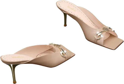 Vista 3 de MSONLYDN Sandalias sin correa para mujer, tacones con puntera cuadrada, tacones de cuero, elegantes de 2.56 pulgadas