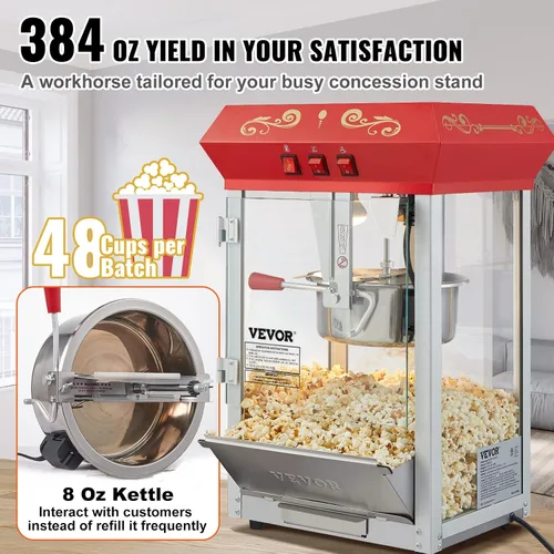 Vista 3 de VEVOR - Máquina comercial para hacer palomitas, hervidor de 8 oz, máquina de palomitas de 850 W para 48 tazas por tanda, máquina de palomitas