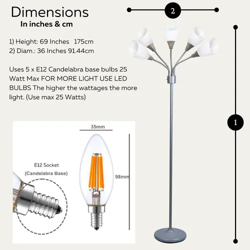 Vista 4 de LIGHTACCENTS Lámpara de pie Medusa de 5 luces para dormitorio – Lámpara de pie con múltiples cabezas y 5 pantallas de acrílico blanco, lámpara araña