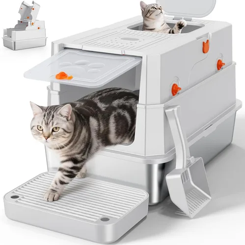 Vista 9 de FURTIME Pequeña caja de arena de acero inoxidable con tapa para gatito, caja de arena cerrada de metal para gatos pequeños, caja de gato con caja