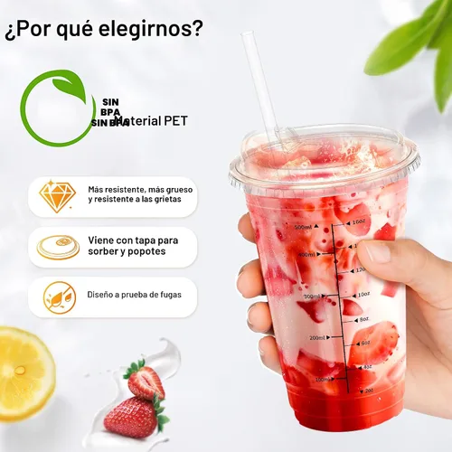 Vista 6 de Paquete de 100 tazas de café helado Ratio Lines de 16 onzas con tapas y popotes, sin adivinar bebidas consistentes, vasos desechables de plástico