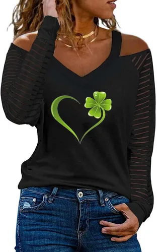 Vista 2 de Camisa del Día de San Patricio para mujer, manga larga, hombros descubiertos, cuello en V, verde irlandés, trébol, camisetas con estampado