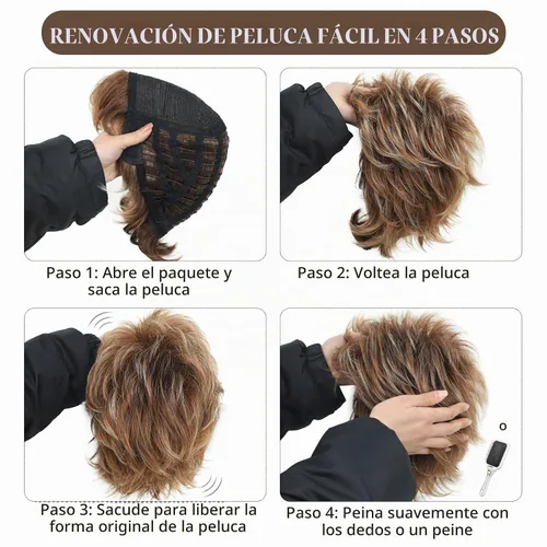 Vista 7 de SEVENCOLORS - Pelucas cortas onduladas de color marrón para mujeres blancas, peluca de cabello sintético con capas de rubio mezclado natural y rubio