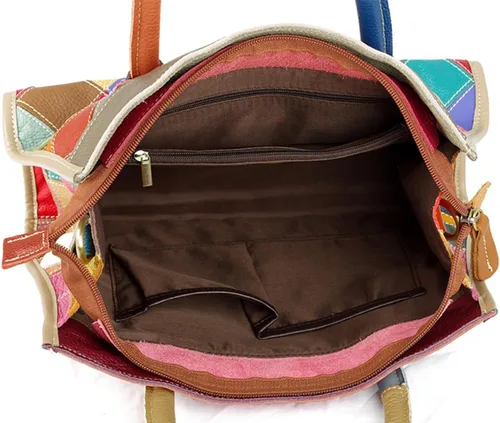 Vista 6 de Bolso de cuero retro para mujer, bolso de hombro de piel de vaca multicolor