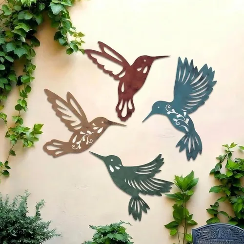 Vista 7 de Teling 4 piezas de arte de pared de colibrí de metal, libélula de metal, decoración de pared para casa de campo moderna, rústica, sala de estar