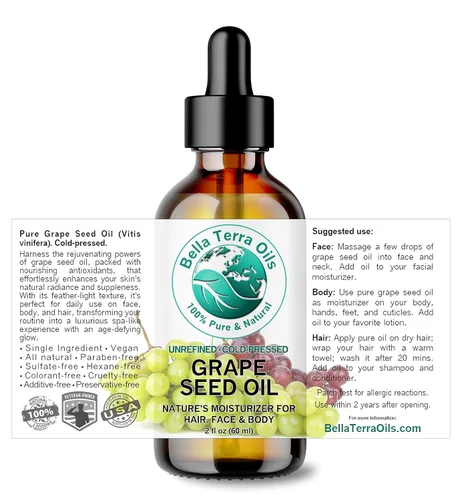 Vista 2 de Bella Terra Oils - Aceite de semilla de uva orgánico 2 oz - Prensado en frío, abundante en vitamina E y C, ácido linoleico, ácidos grasos omega-6
