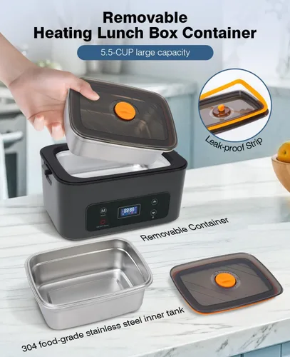 Vista 5 de Fiambrera eléctrica inalámbrica para adultos, lonchera calentada a pilas con calefacción de 5 lados, calentador de alimentos portátil con recipiente