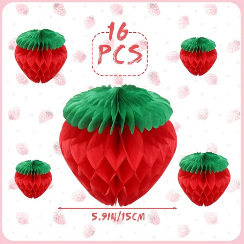 Vista 2 de Zonon 16 unidades de 6 pulgadas decoración de fiesta de fresas rojas bolas de panal de abeja de fresa roja, guirnalda de decoración colgante