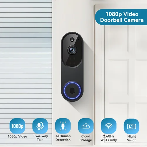 Vista 2 de Guggre Cámara de timbre de video inalámbrico 1080P, visión nocturna, almacenamiento en la nube (se vende por separado), solo Wi-Fi de 2.4 GHz