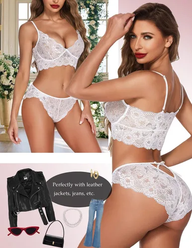 Vista 5 de ADOME Conjunto de lencería de encaje para mujer con sujetador y bragas con tirantes, body babydoll, tallas S-XXL