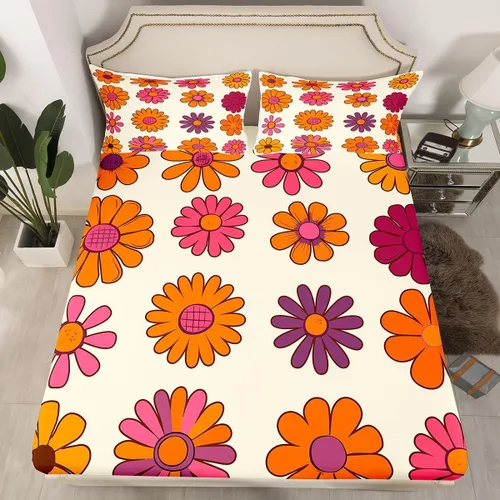 Vista 19 de Juego de ropa de cama con diseño floral bohemio, tamaño individual, diseño retro de flores groovy, 60S y 70S, diseño de flores hippie para niños