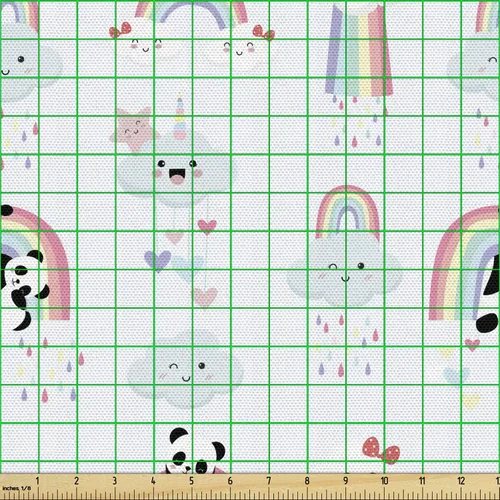 Vista 2 de Ambesonne Tela de panda por The Yard, Doodle Style Cheerful Time Personajes, unicornio, nubes, lluvia y corazones dibujados a mano, tela decorativa