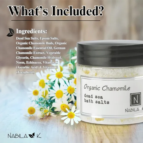 Vista 4 de Nabila K - Sales de baño orgánicas de manzanilla – Sal del Mar Muerto y sal de Epsom exfoliante y remojar – Exfolia e hidrata la piel, aceites