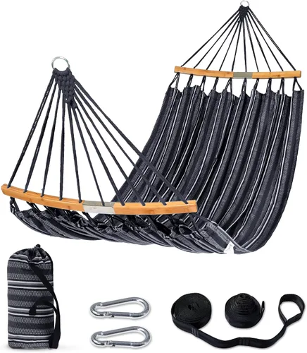 Vista 8 de SUNCREAT Hamacas Hamaca Doble con Barra Separadora Curva, Hamaca Portátil para Exteriores con Bolsa de Transporte y Correas para Árboles para Azul